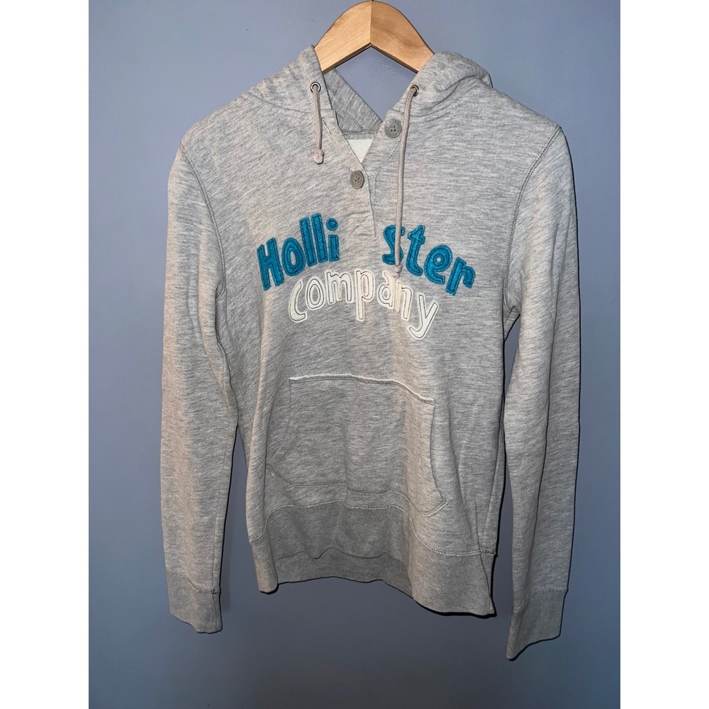 Hollister Co Mens Gray Henley Hoodie Blue Logo‎ Seagull Sweatshirt L